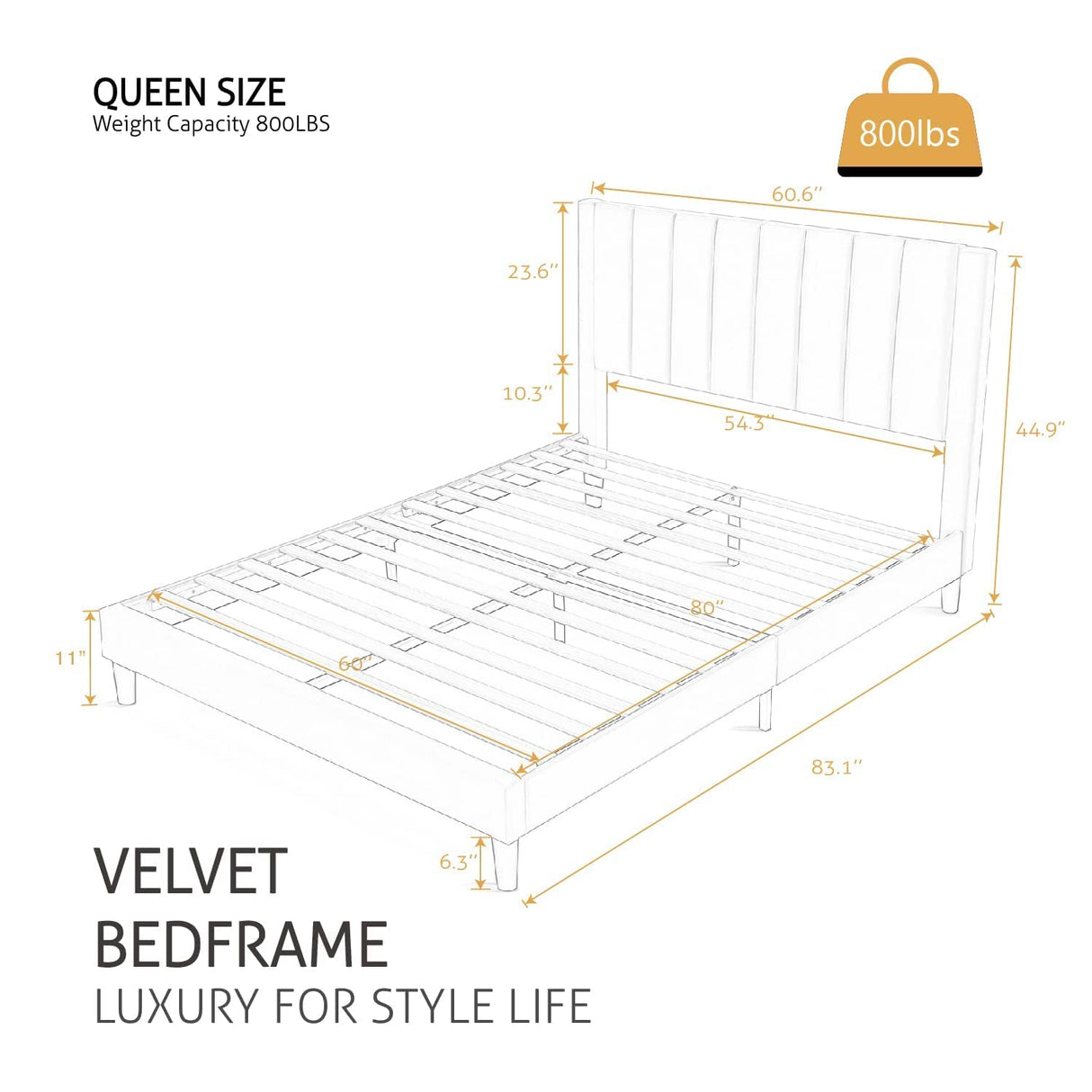 Queen Bed Frame/Velvet Upholstered Platform Bed Frame with Headboard/Strong Wood