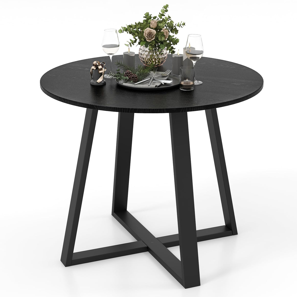 36 Inch Round Table, Kitchen Table for 4 People with Rubber Wood Frame, Pedestal Base