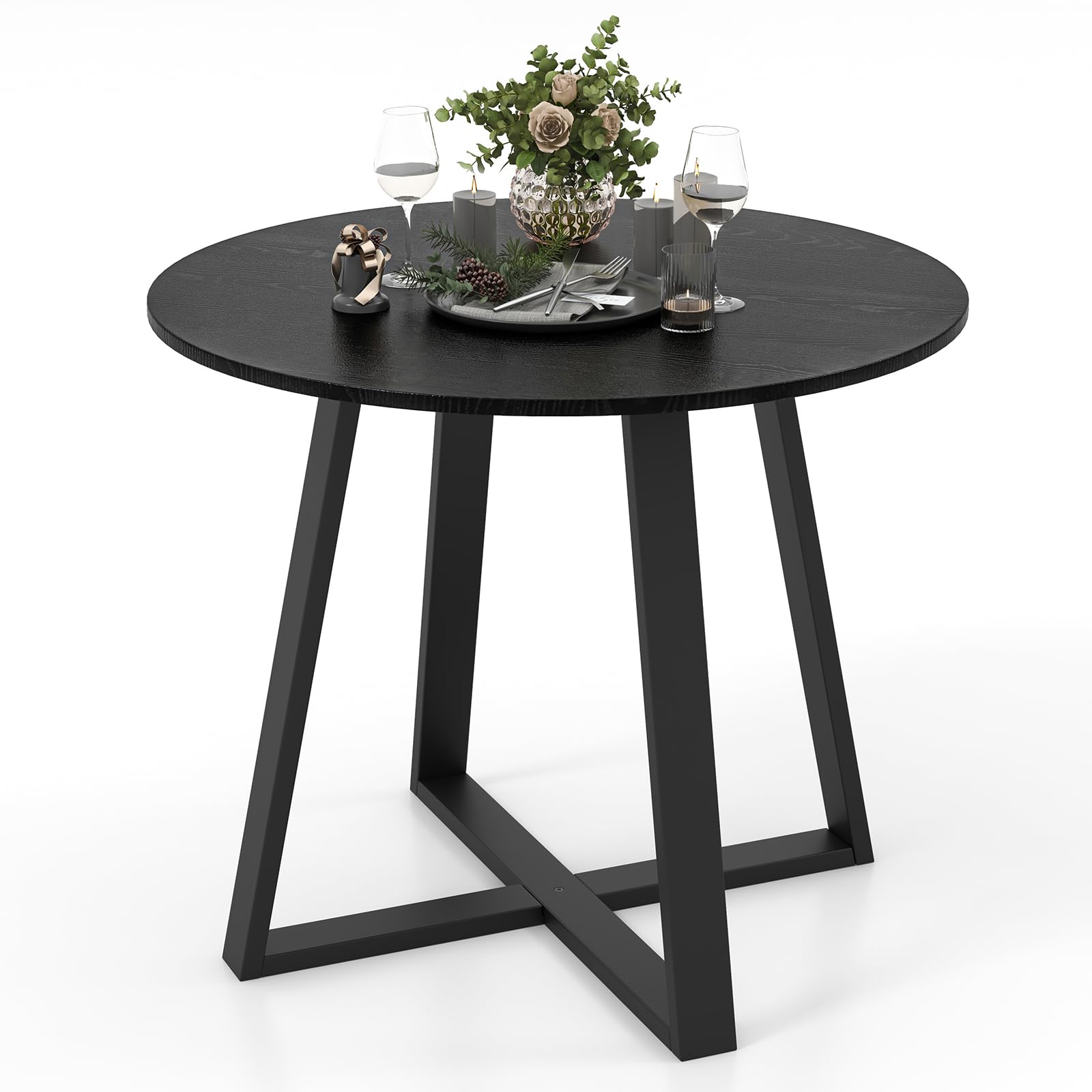 36 Inch Round Table, Kitchen Table for 4 People with Rubber Wood Frame, Pedestal Base