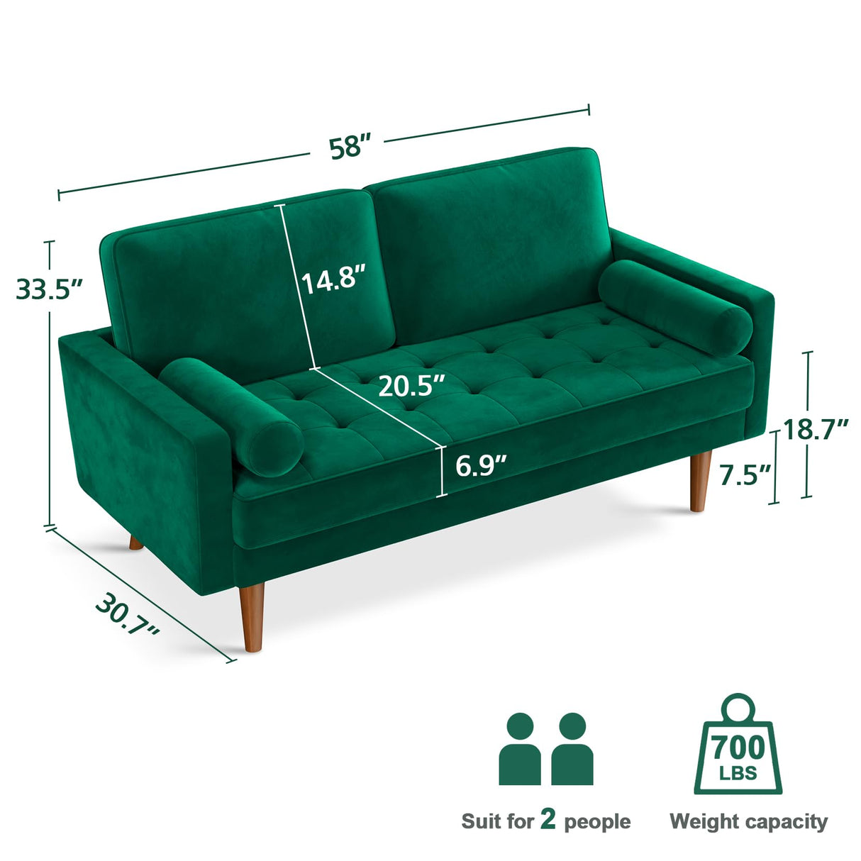 58 inch Loveseat Sofa Couch, Green Velvet Couch for Living Room