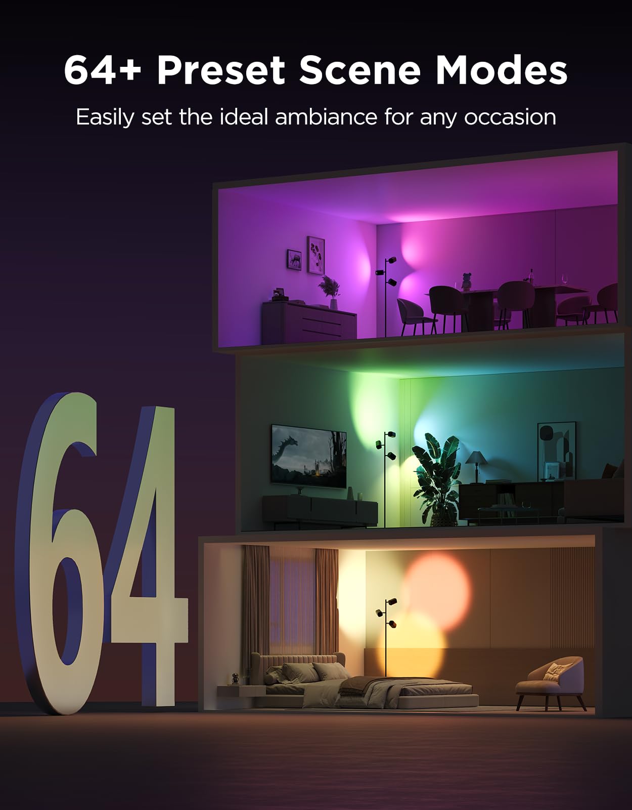 Tree Floor Lamp with Matter Compatibility - 3 Rotatable Lights & Music Sync