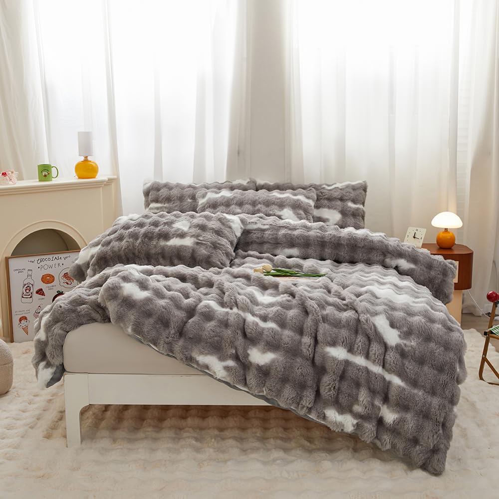 Rabbit Plush Gray White Faux Fur Duvet Cover Comforter Cover Queen