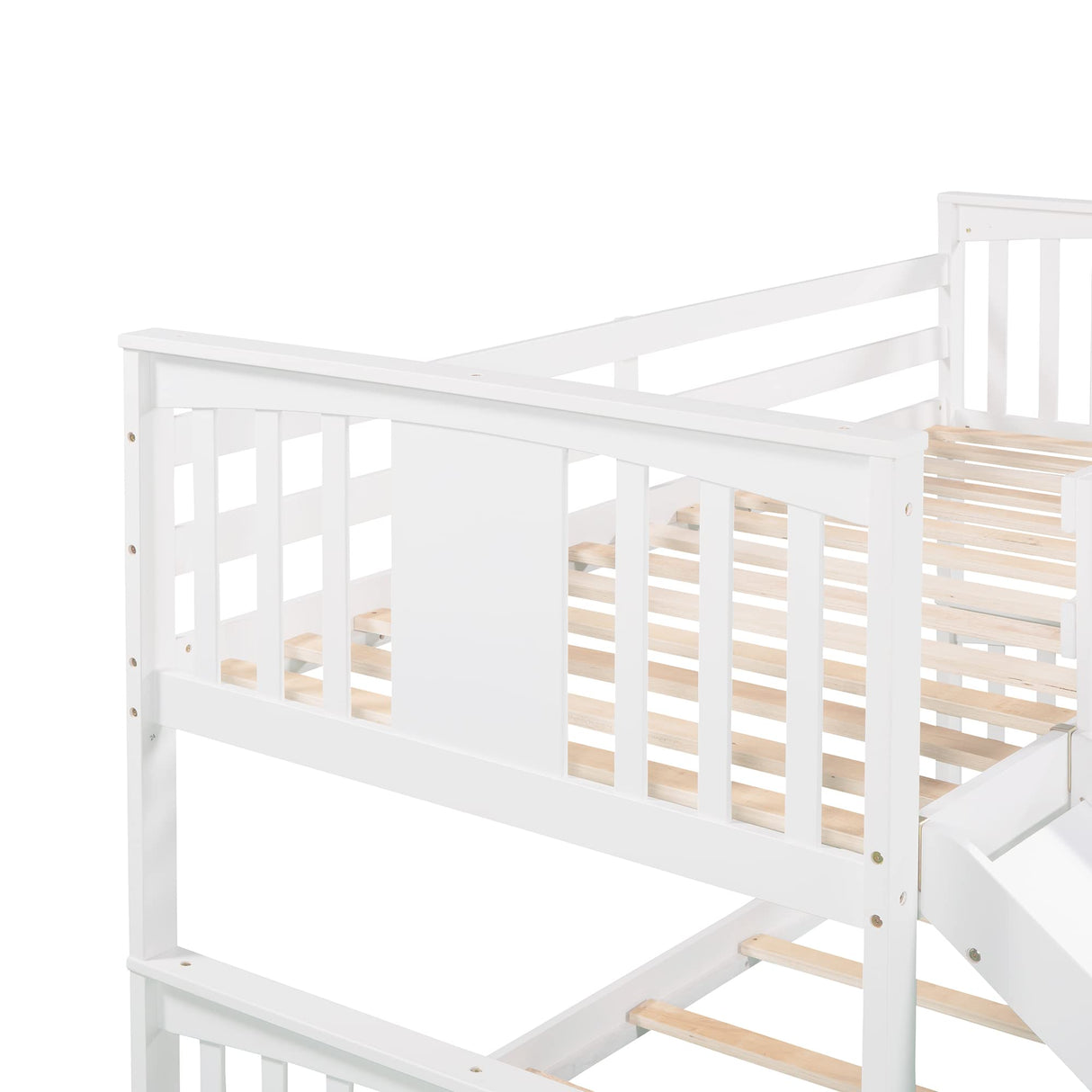 Montessori Floor Bunk Bed Twin Over Twin, Twin Bunk Bed with Slide and Ladder