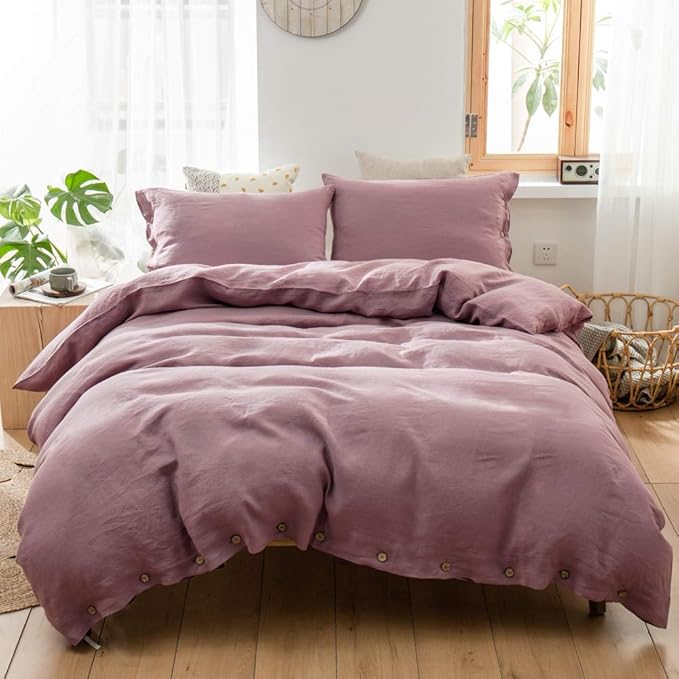 100% Linen Duvet Cover Set, 3 Pieces Belgian Flax Breathable Bedding, 1 Comforter