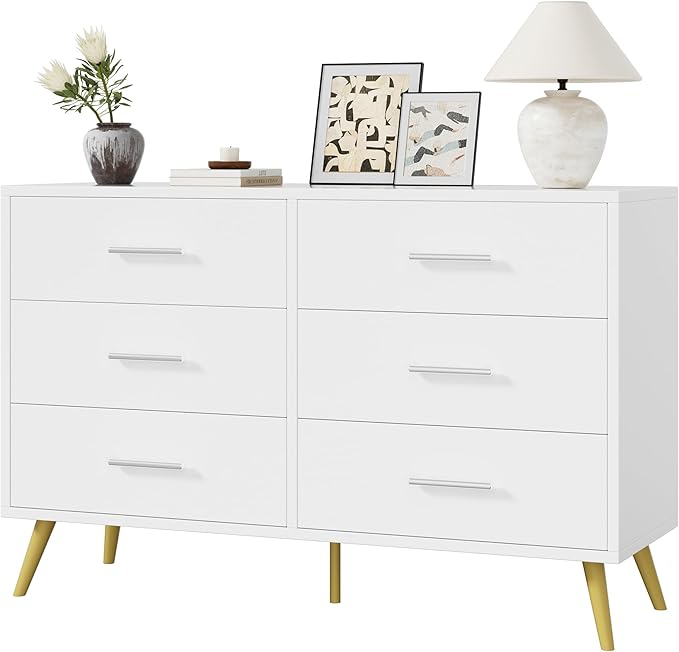 6 Drawer Dresser White Double Dresser for Bedroom, Modern Chest of Drawers TV Stand