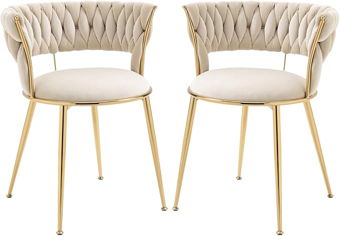 Dining Chair Set of 2, Velvet Woven Upholstered Dining Chair with Gold Metal Legs,