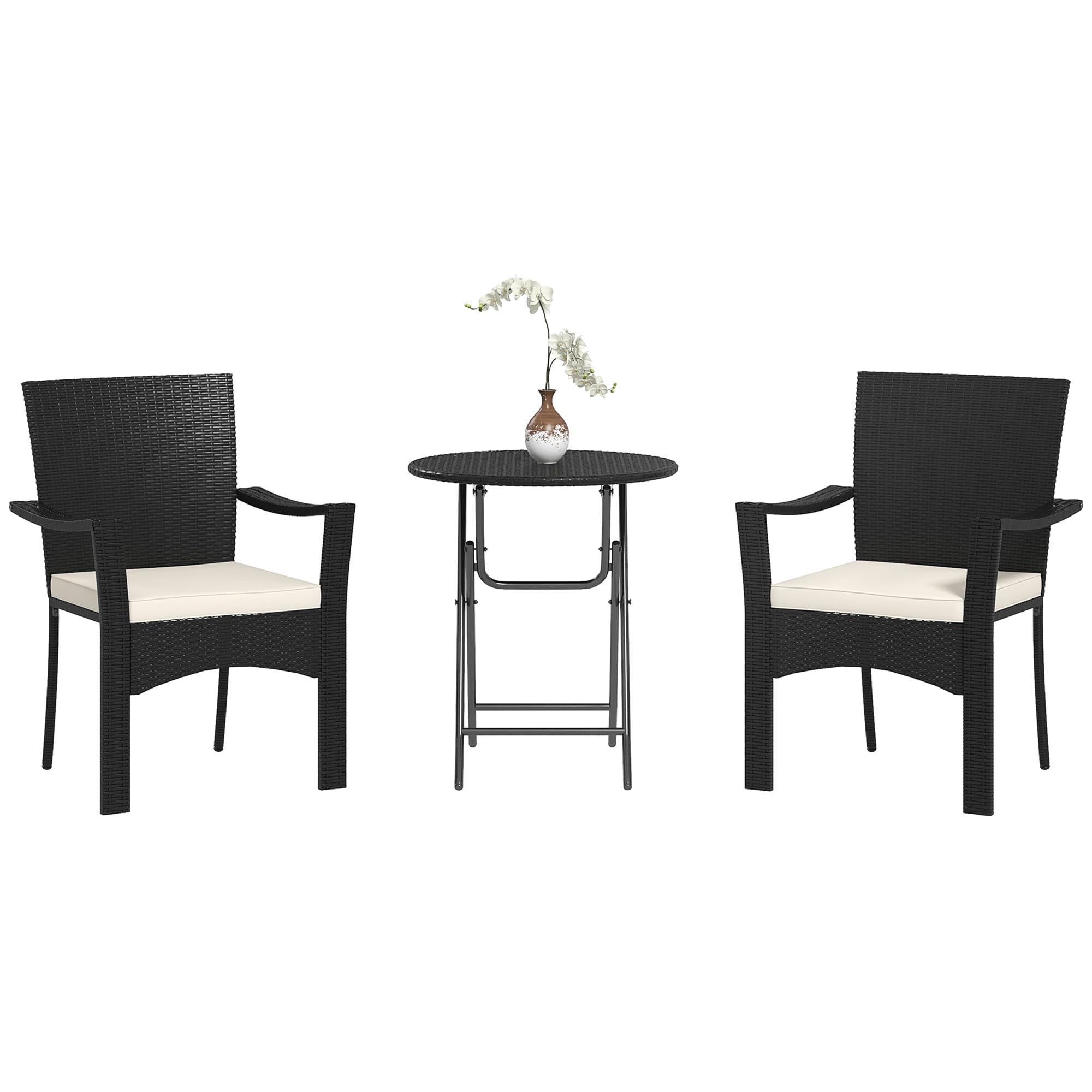 Outsunny 3 Pieces Wicker Outdoor Bistro Set, Rattan Patio Furniture Set with Folding Coffee Table, Porch Chairs with Cushions for Backyard, Balcony, Garden, White