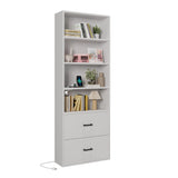 70.9" Tall Bookcase with 4 Shelves and 2 Drawers,2 AC Outlets & 2 USB Ports,Bookself with Adjustable Tiers,Wooden Storage Organizer for Dining Room,Living Room,Bedroom,Home Office,White