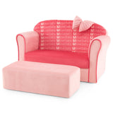 Pink Toddler Couch, Comfy Kids Chair w/Ottoman, Cute Bow, Lightweight Kids Playroom Furniture w/Velvet Cover & Wooden Frame, Princess Style Loveseat for Bedroom, Kids Sofa for Girls Boys