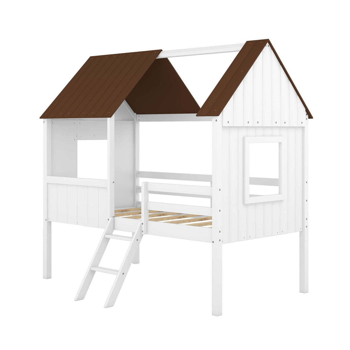 Twin Size Low Loft Bed with House Shape, House Bed with Guardrails and Climbing Ladder