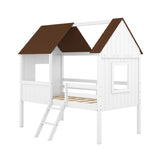 Twin Size Low Loft Bed with House Shape, House Bed with Guardrails and Climbing Ladder