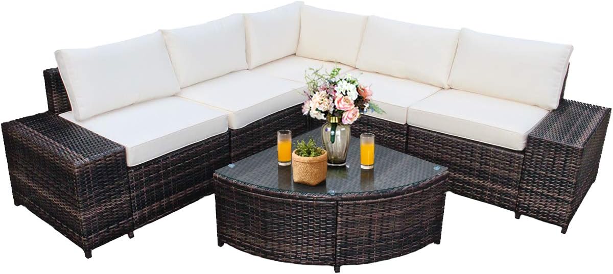 Tangkula 6 Piece Wicker Patio Furniture Set, Outdoor All Weather PE Rattan Conversation Set w/Tempered Glass Coffee Table, Sectional Sofa Set w/Comfortable Cushions for Backyard, Garden (White)