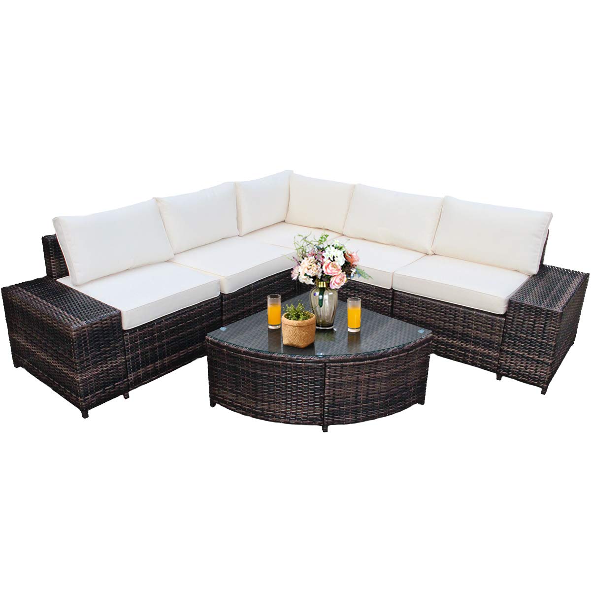 Tangkula 6 Piece Wicker Patio Furniture Set, Outdoor All Weather PE Rattan Conversation Set w/Tempered Glass Coffee Table, Sectional Sofa Set w/Comfortable Cushions for Backyard, Garden (White)