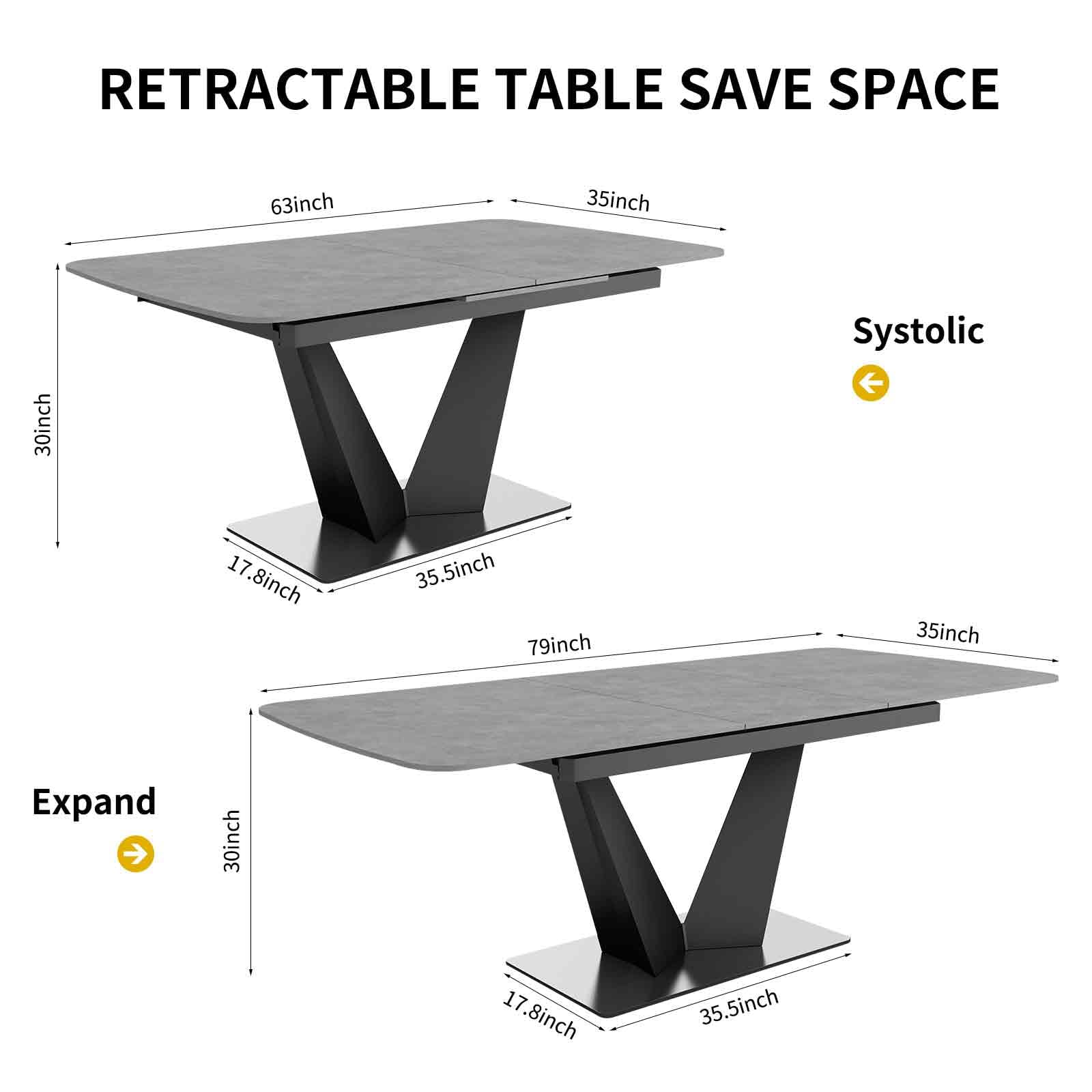 79" Expandable Dining Table - Modern Rectangular Sintered Stone Table Seats 6-8