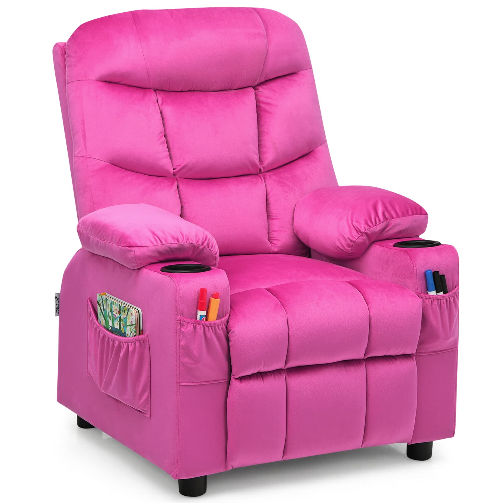 Larger Kids Recliner Chair, Adjustable Lounge Recliner w/ 2 Cup Holders, 1 Side Pocket