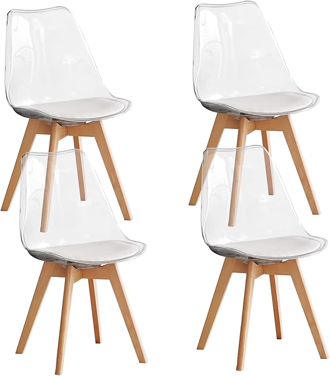 Dining Chairs Set of 4, Clear Acrylic Modern Kitchen Chairs with PU Leather Cushions and Solid Beech Legs for Dining Living Room Bedroom