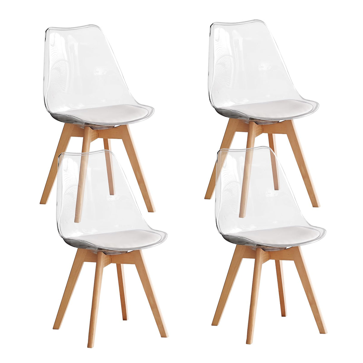 Dining Chairs Set of 4, Clear Acrylic Modern Kitchen Chairs with PU Leather Cushions and Solid Beech Legs for Dining Living Room Bedroom