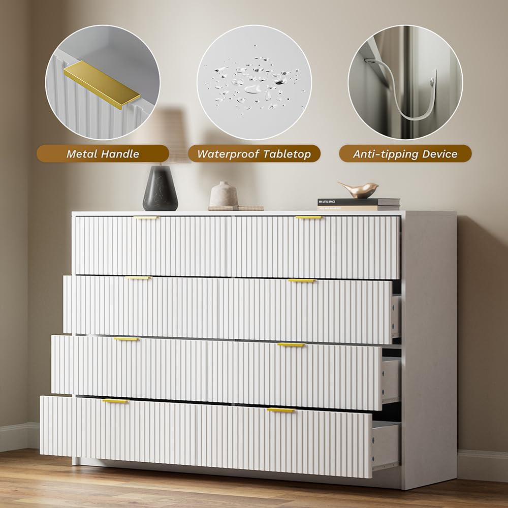White Dresser for Bedroom, 8 Drawer Double Dresser