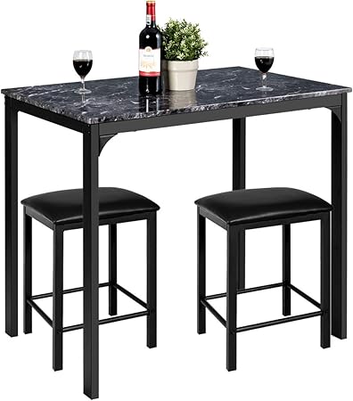 3 Pcs Dining Table and Chairs Set with Faux Marble Tabletop 2 Chairs Contemporary