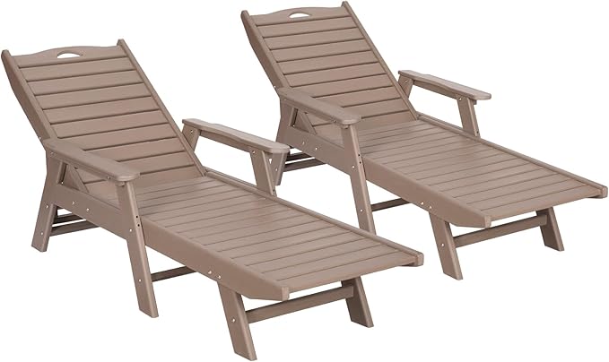 Outdoor Chaise Lounge Chair Set of 2 with Wheels & Cup Holder