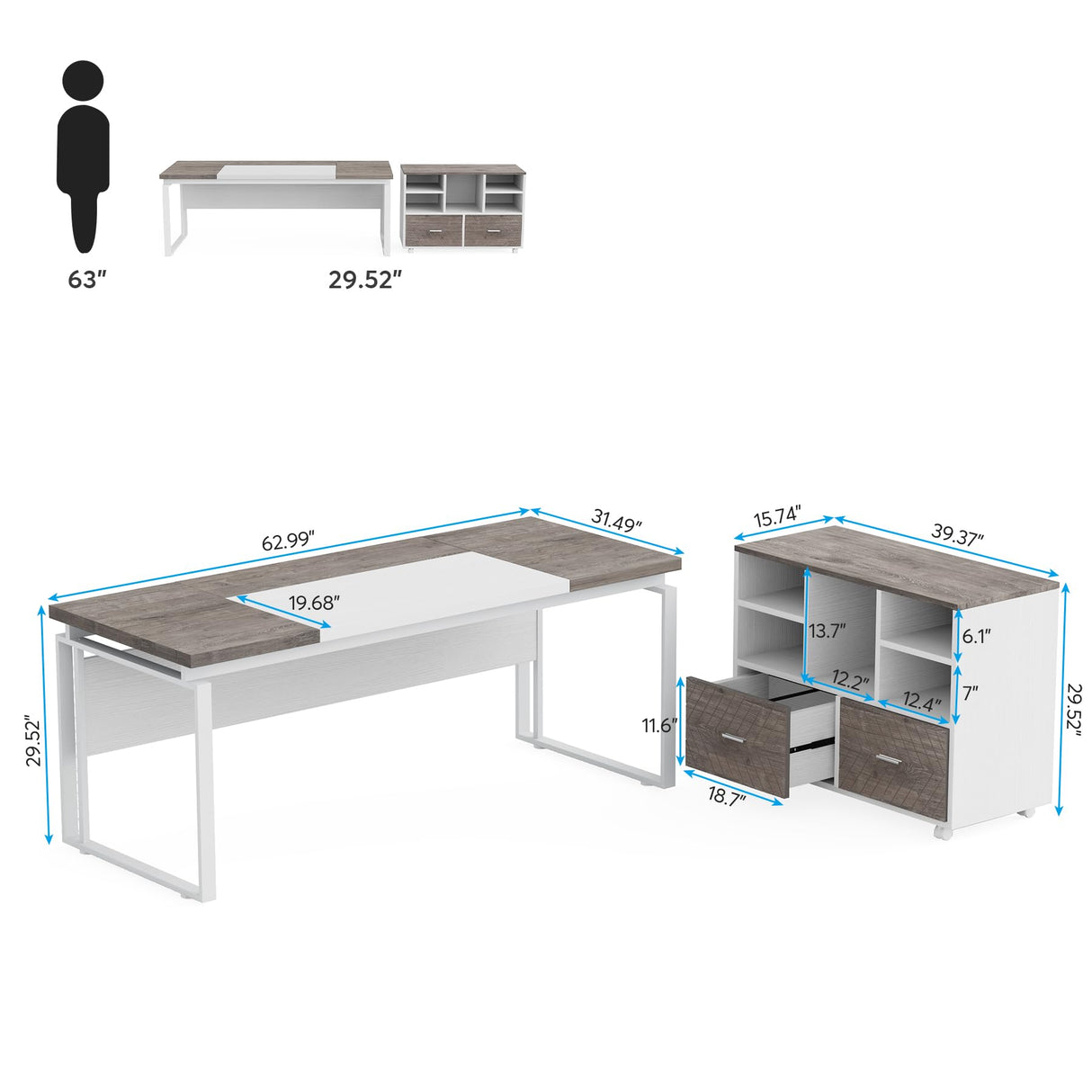 L-Shaped Desk with Drawers, 63" Office Desk with File Cabinet