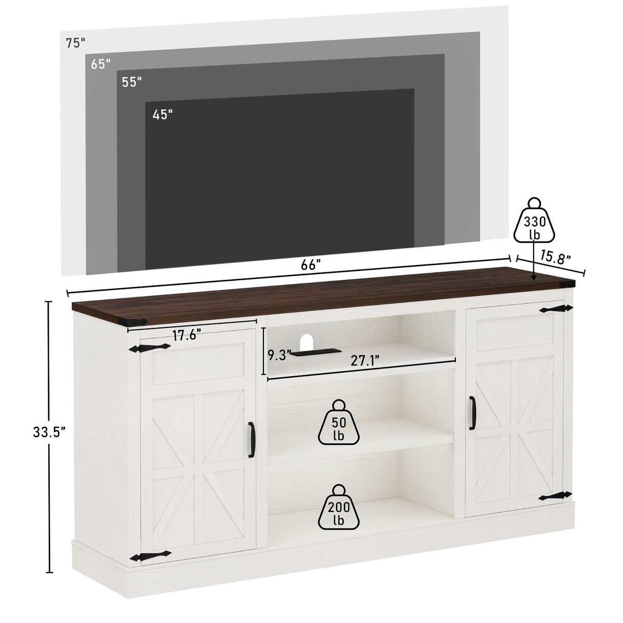 66" Farmhouse TV Stand with Power Outlets for 75 65 Inch TVs, 33" Tall Entertainment