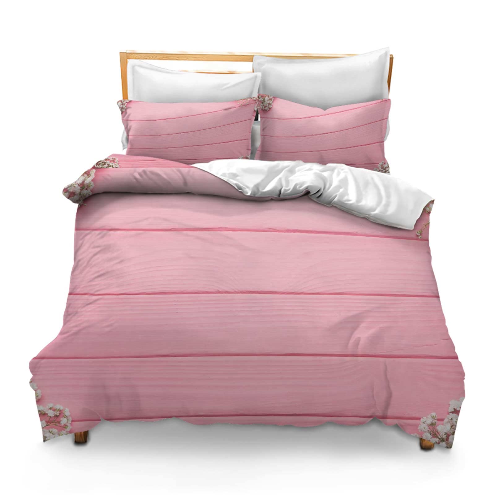 Printed Comforter Cover Set Full Size Wooden Background with Floral Decoration on The