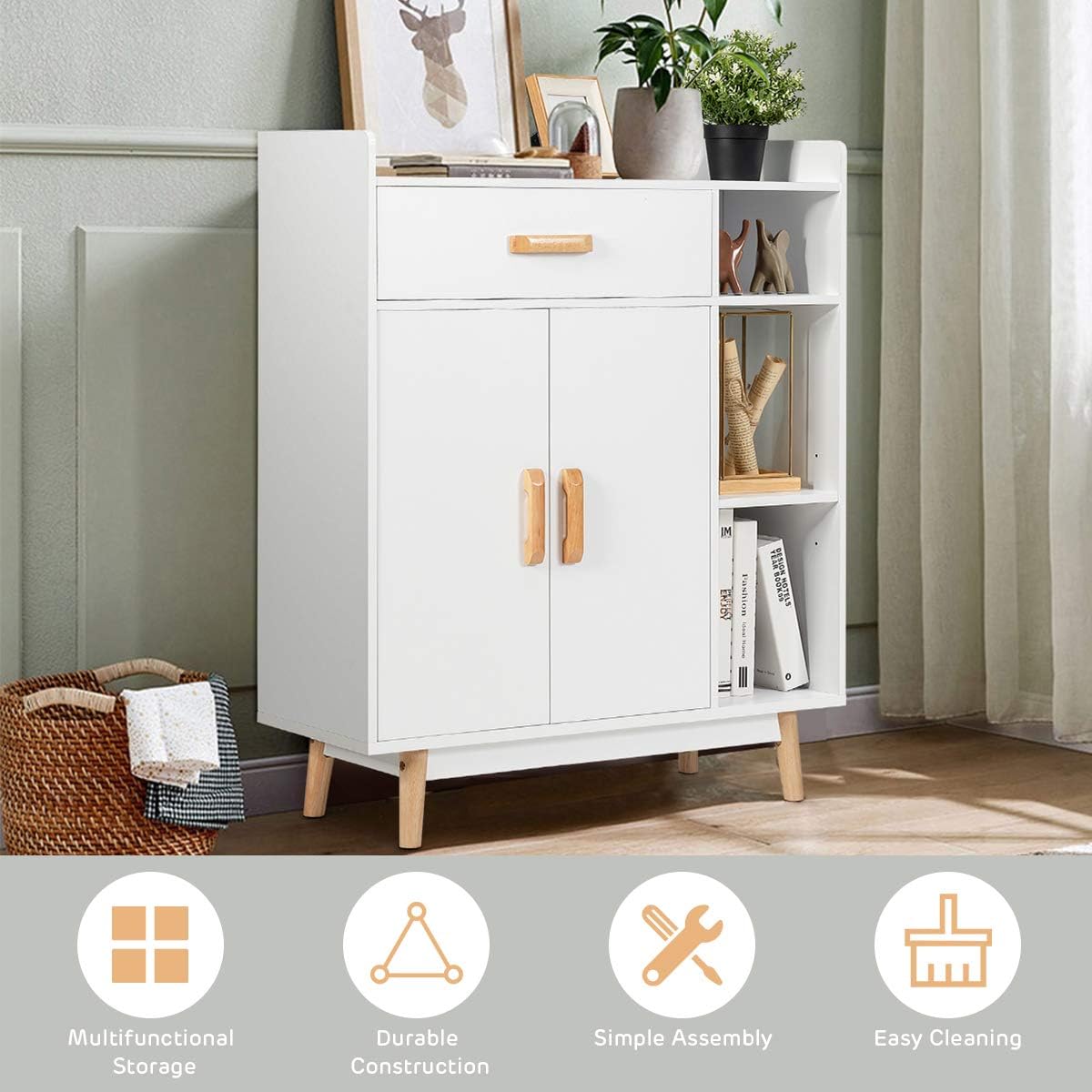 Floor Storage Cabinet Free Standing Cupboard with 1 Drawer, 2 Doors