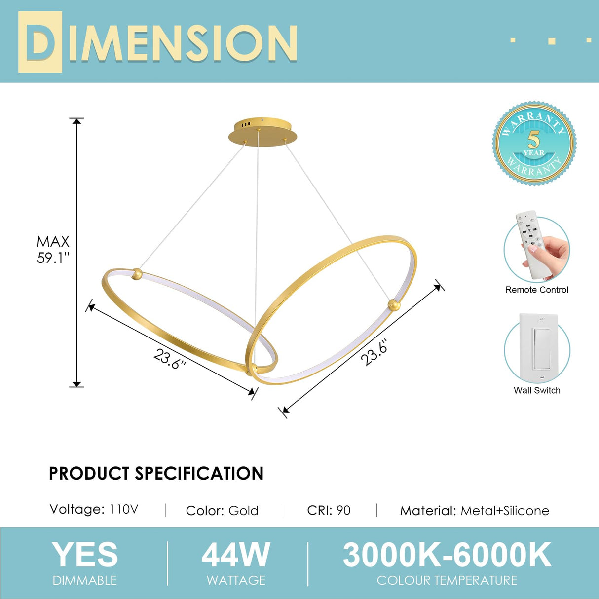 Gold Modern Chandelier Remote Control 2-Ring LED Chandelier Dimmable Pendant