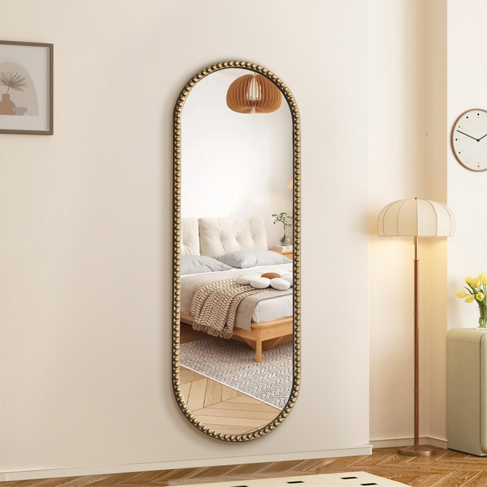 Antique Gold Oval Full Length Mirror - Vintage Beaded Wall Mounted 53"x20"