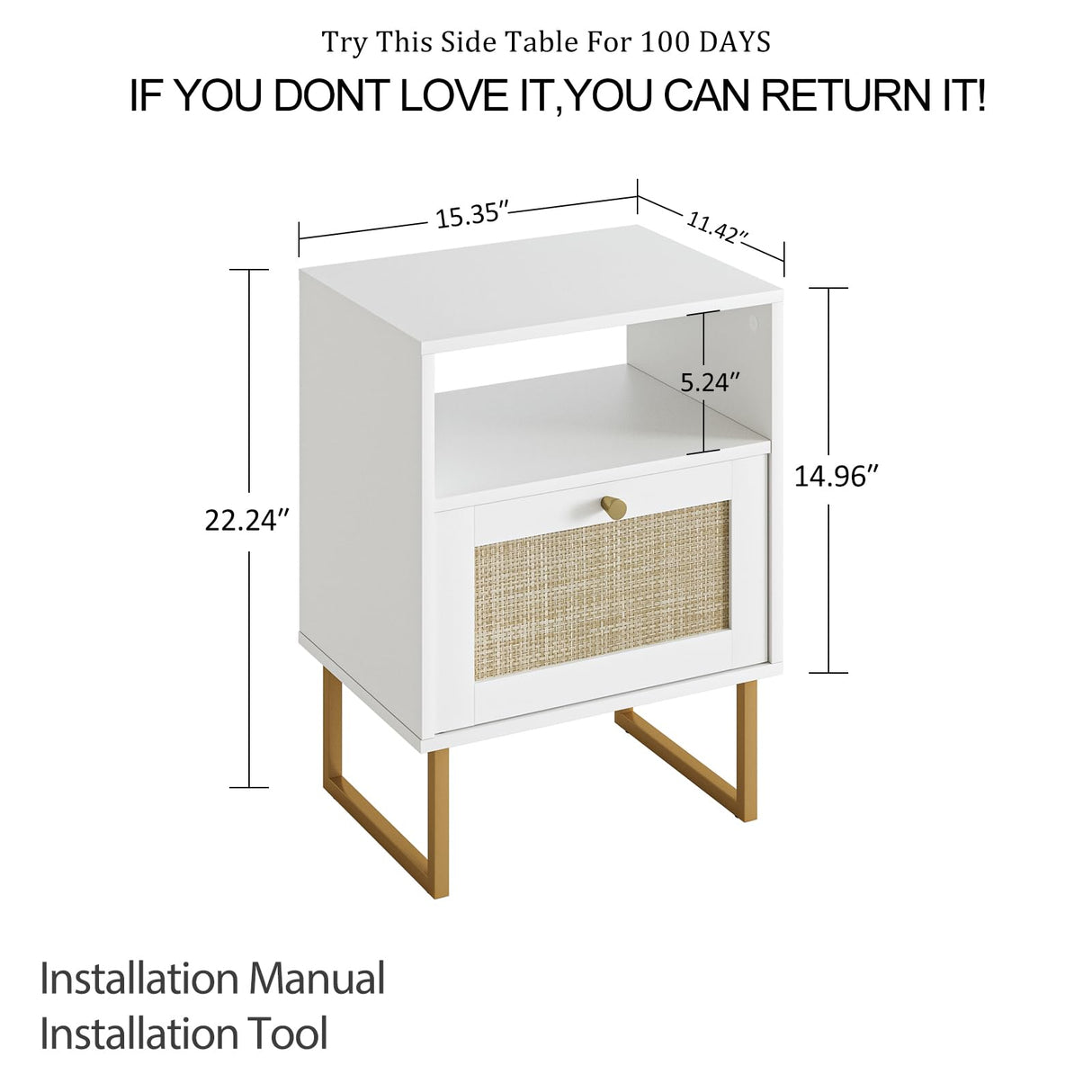 Rattan Nightstand,Modern Boho Farmhouse Wood Bedside Table with Storage Drawer and Open Shelf,Small Gold Frame Side End Table for Bedroom,Living Room,Office(White)