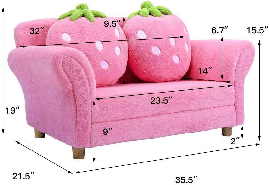 toddler Couch with Two Strawberry Pillows, Children Upholstered Loveseat Lounge Bed,