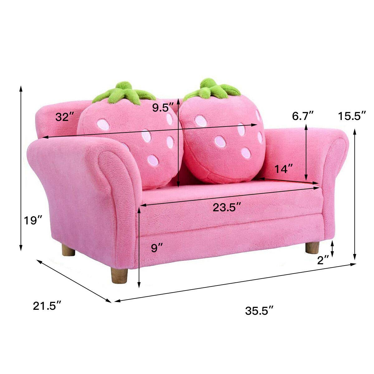 toddler Couch with Two Strawberry Pillows, Children Upholstered Loveseat Lounge Bed,