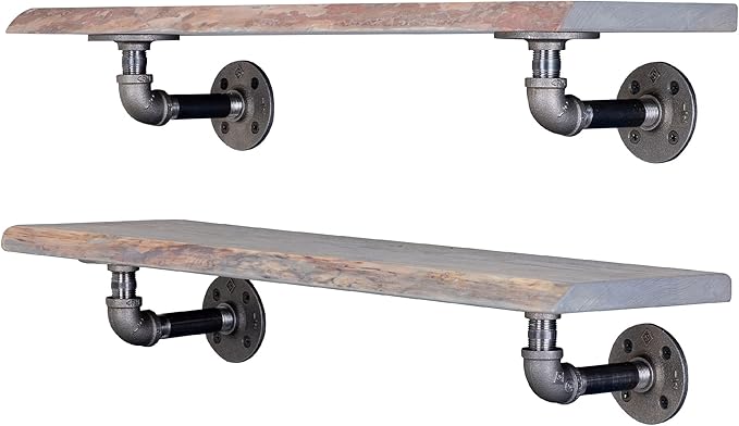 36” Sunset Cedar Live Edge Wood Shelf with Industrial L-Shaped Pipe Brackets (2-Pack)