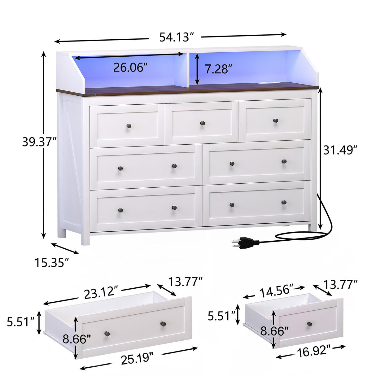 LED Dresser with Charging Station, 7 Drawer Dresser for Bedroom, Chest of Drawers