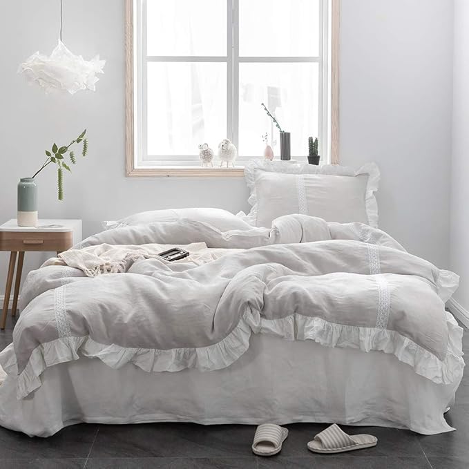 100% Linen Duvet Cover Set, 3 PCS Natural French Flax Natural Linen Ruffle Duvet Cover