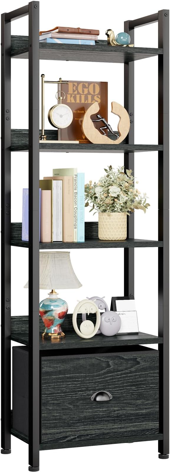5 Tier Bookshelf with Drawer, Tall Narrow Bookcase with Shelves, Wood and Metal Book