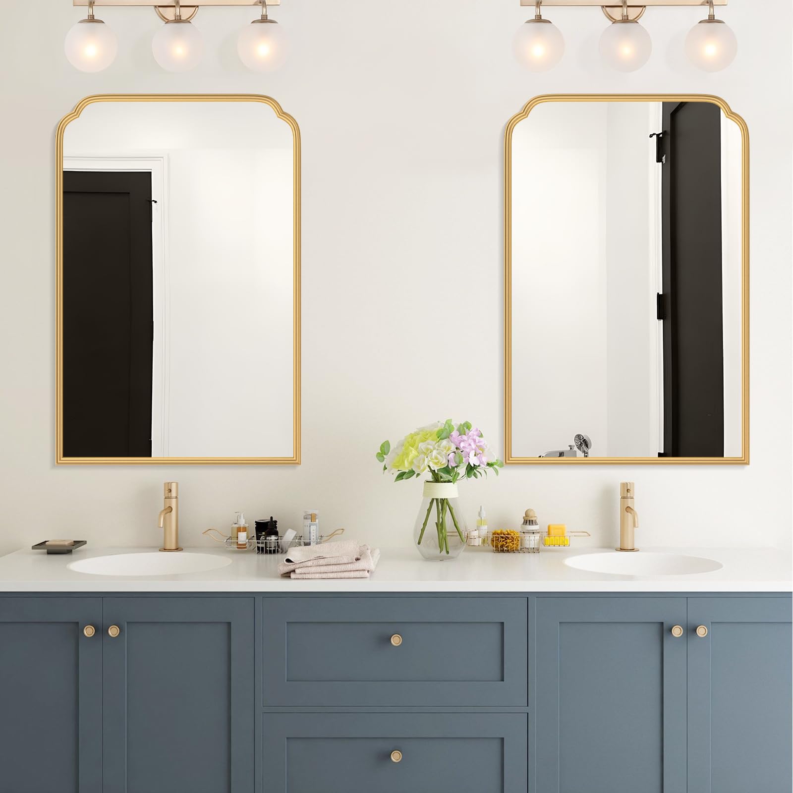 Gold Mirror for Bathroom, Modern Rounded Corner Rectangle Mirror