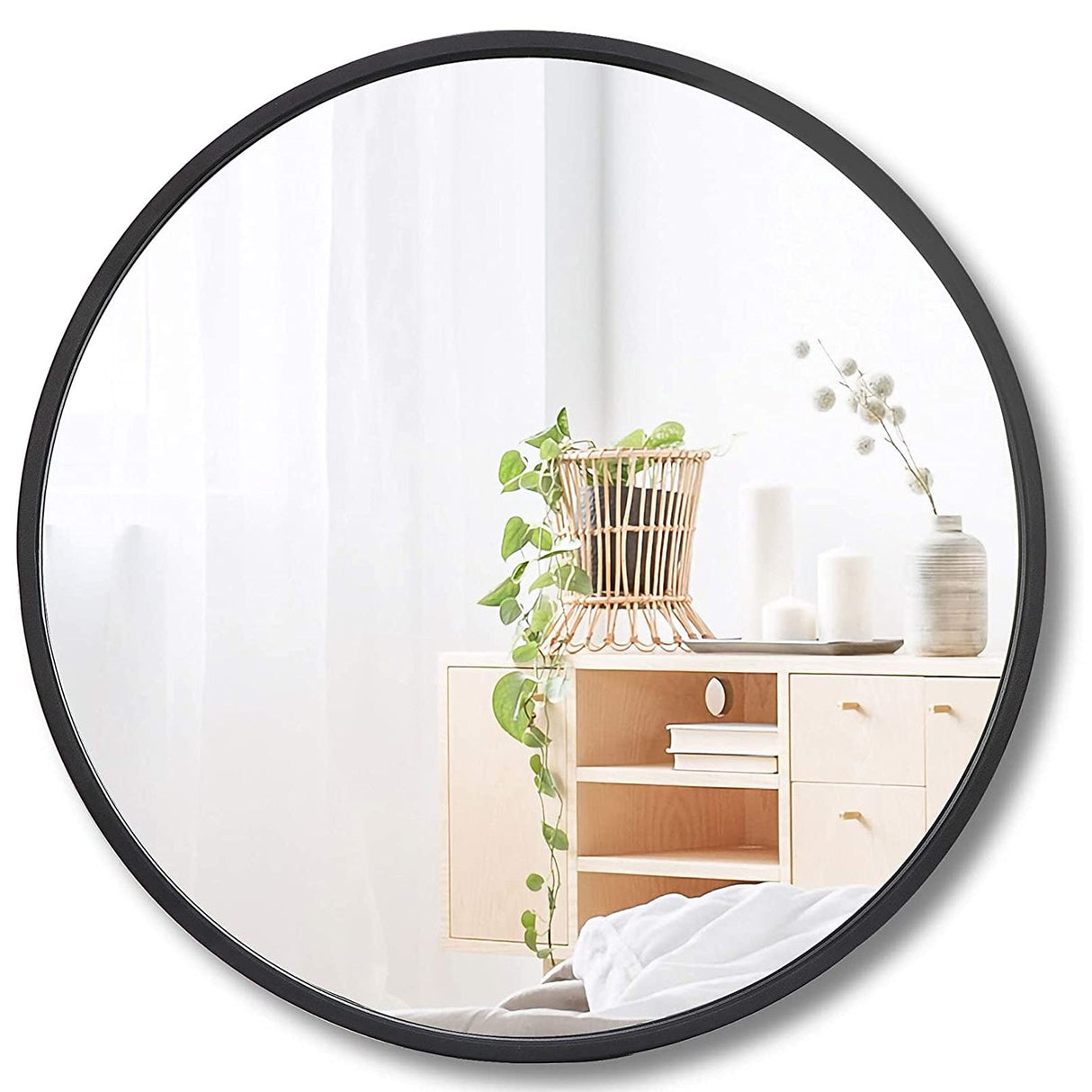 Round Wall Mirror, 15.7-Inch Wrought Iron Framed Mirror, Circle Wall Mounted Mirror for