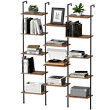 Triple Wide Bookshelf Wall Mounted 5-Tiers Ladder Book Shelf Industrial Wooden