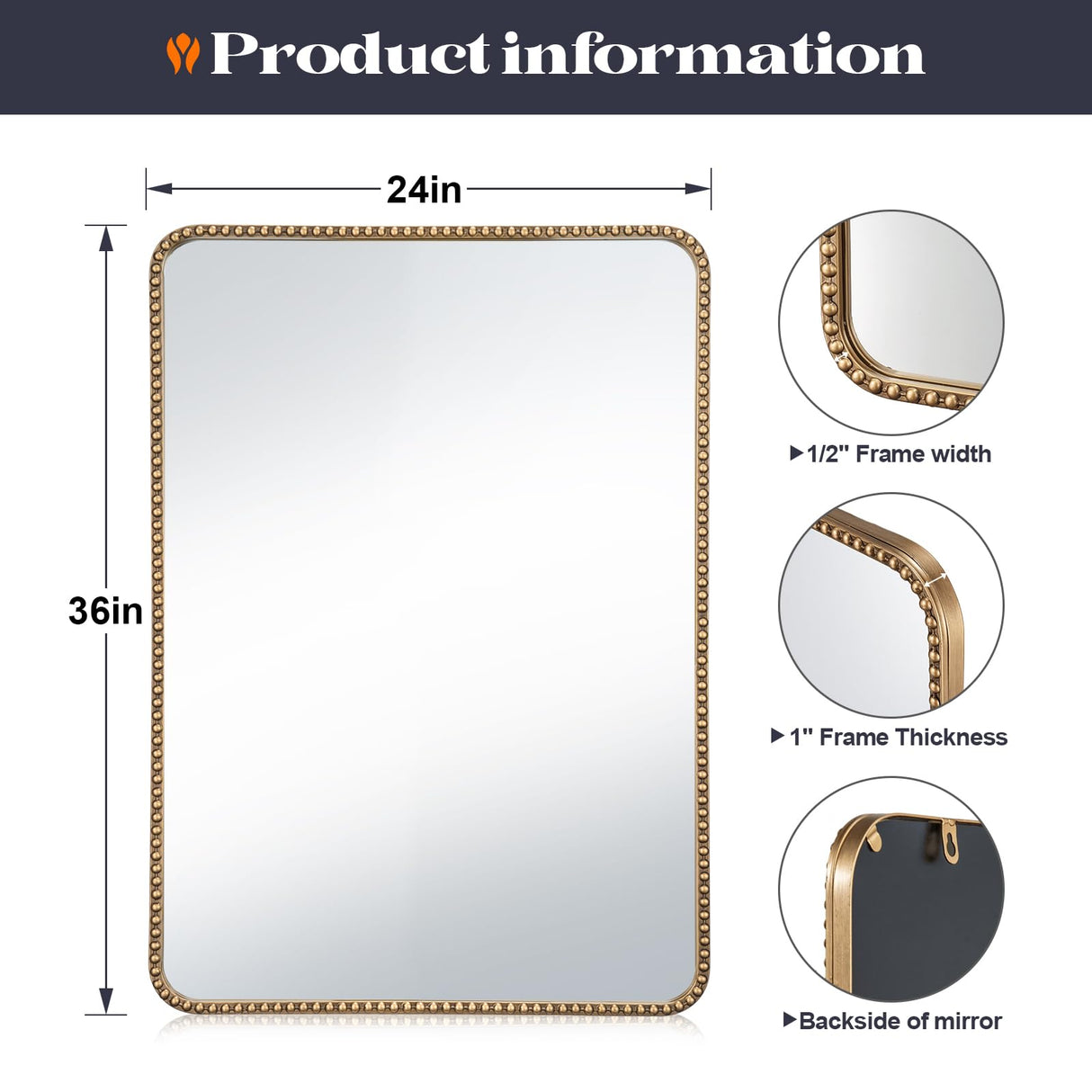 24x36 Champagne Bronze Bathroom Mirror with Beaded Frame