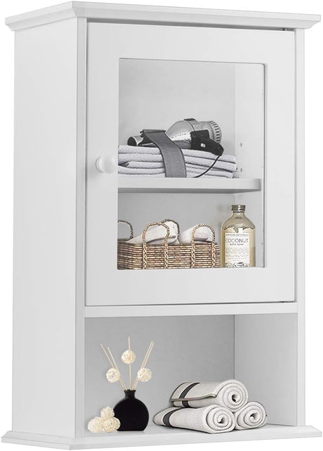 Bathroom Wall Cabinet, Small Bathroom Medicine Cabinet Wall Mounted w/Adjustable Shelf Tempered Glass Door, 3-Tier Over Toilet Storage Cabinet for Kitchen Laundry Room, 14 x 20 Inches, White