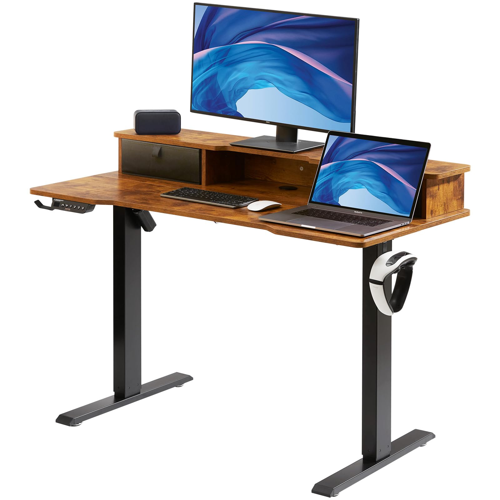 Standing Desk with Shelves 47.2 x 23.6 Inch Height Adjustable Desk Dual Monitor Riser Workstation Adjustable Desk 3-Key Modes Sturdy Dual Metal Frame 180LBS Capacity for Home Office