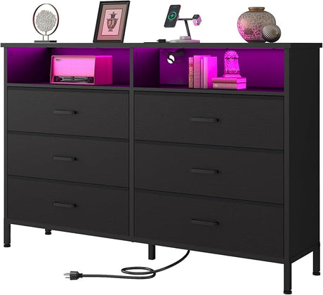 bedroom, White Bedroom Dresser with LED Lights and Charging Station, 6 Long Drawers