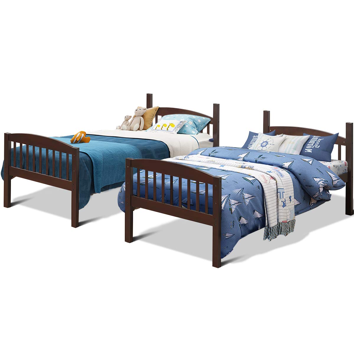 Twin Bunk Beds, Convertible Into Two Individual Solid Rubberwood Beds, Children Twin