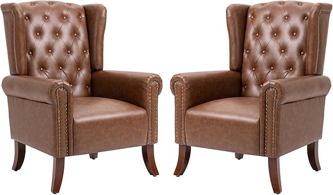 Modern PU Leather Accent Chairs Set of 2, Mid-Century Living Room Chairs Upholstered