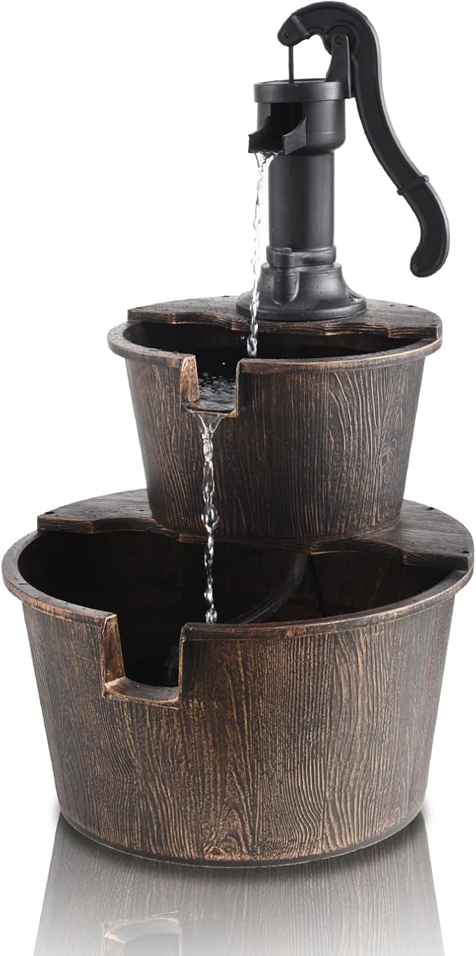 40-Inch 3 Tier Barrel Waterfall Fountain Outdoor Water Fountains Barrel Wood 3-Tier Freestanding Rustic Pump