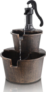 40-Inch 3 Tier Barrel Waterfall Fountain Outdoor Water Fountains Barrel Wood 3-Tier Freestanding Rustic Pump