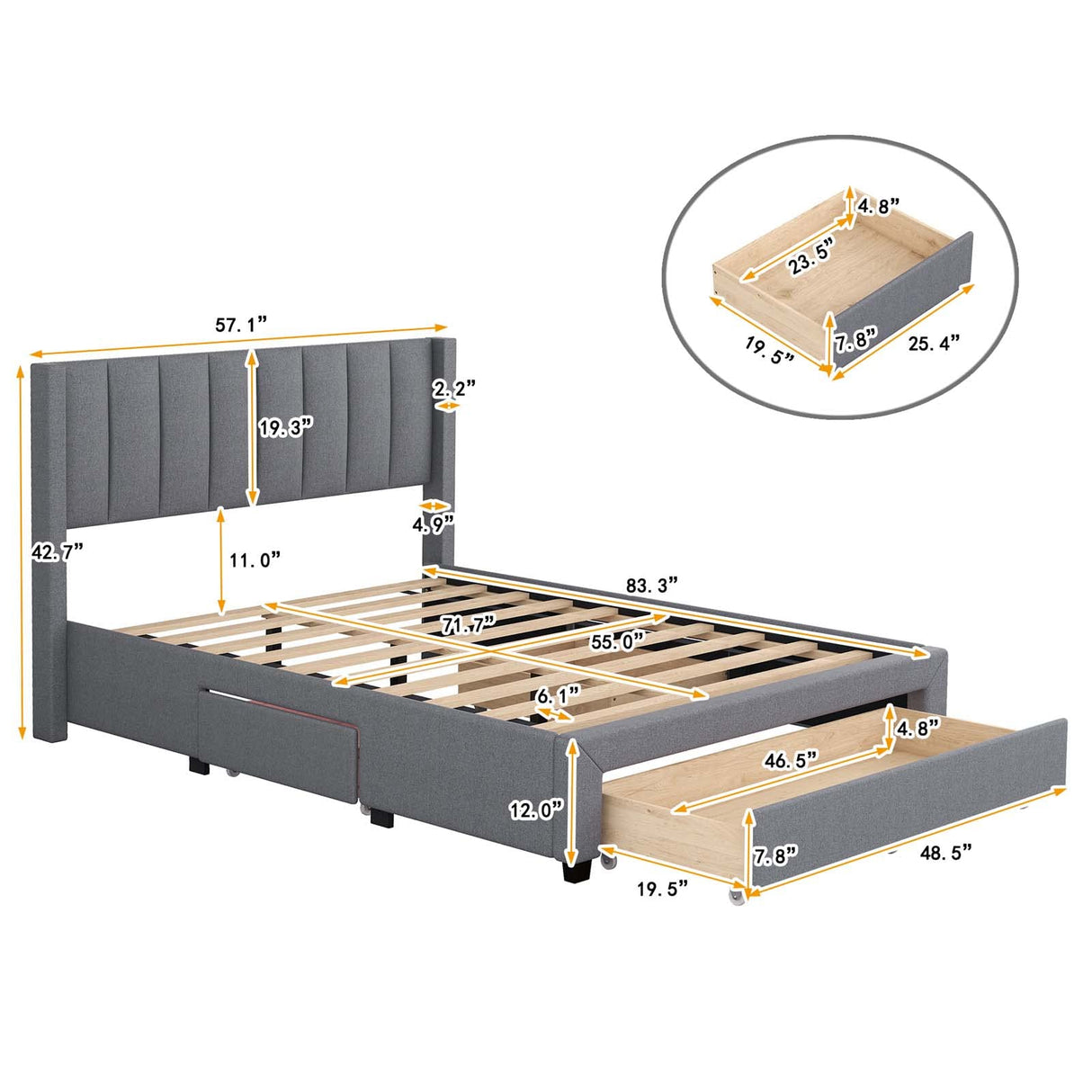 Upholstered Platform Bed with a Large Drawer in Footboard and 2 Drawer on Side,