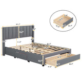 Upholstered Platform Bed with a Large Drawer in Footboard and 2 Drawer on Side,